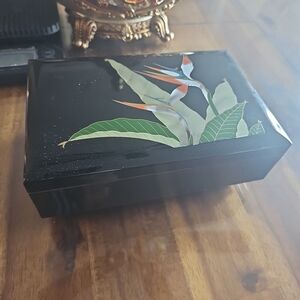 Elegant Black Lacquered Box with Bird of Paradise Design. Works Fine Music Box.